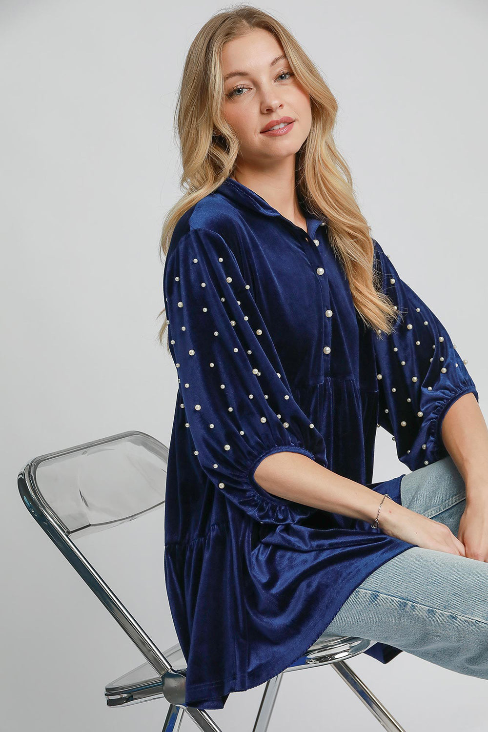 Umgee Pearl Detail Collared Neck Velvet Blouse