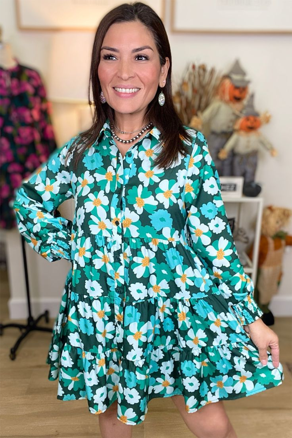 Green Floral Long Sleeve Shirt Dress