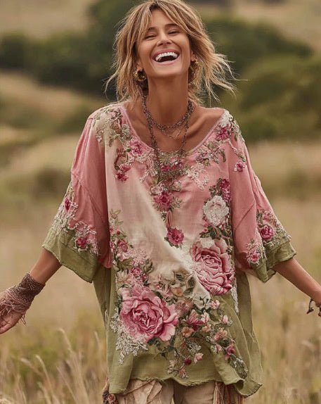 3D Boho Floral Round Neck Long Sleeve Top - Bazaare Mart