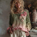 3D Boho Floral Round Neck Long Sleeve Top Green Bazaare Mart Embroidered Floral Long Sleeve Blouse