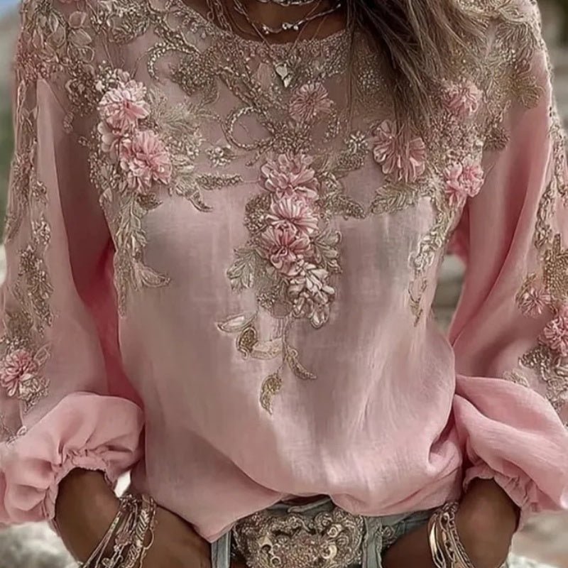 3D Boho Floral Round Neck Long Sleeve Top - Bazaare Mart