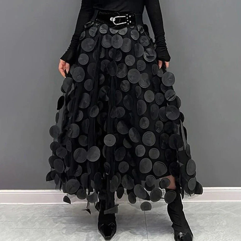 3D Mesh Dot Midi Skirt Black Bazaare Mart Hollow Polka Dot Midi Skirt