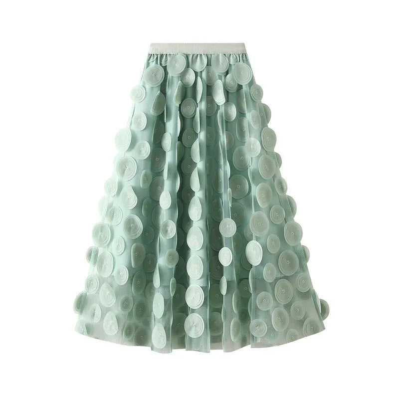 3D Mesh Dot Midi Skirt Matcha Bazaare Mart Hollow Polka Dot Midi Skirt