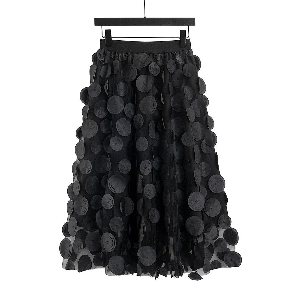 3D Mesh Dot Midi Skirt Bazaare Mart Hollow Polka Dot Midi Skirt