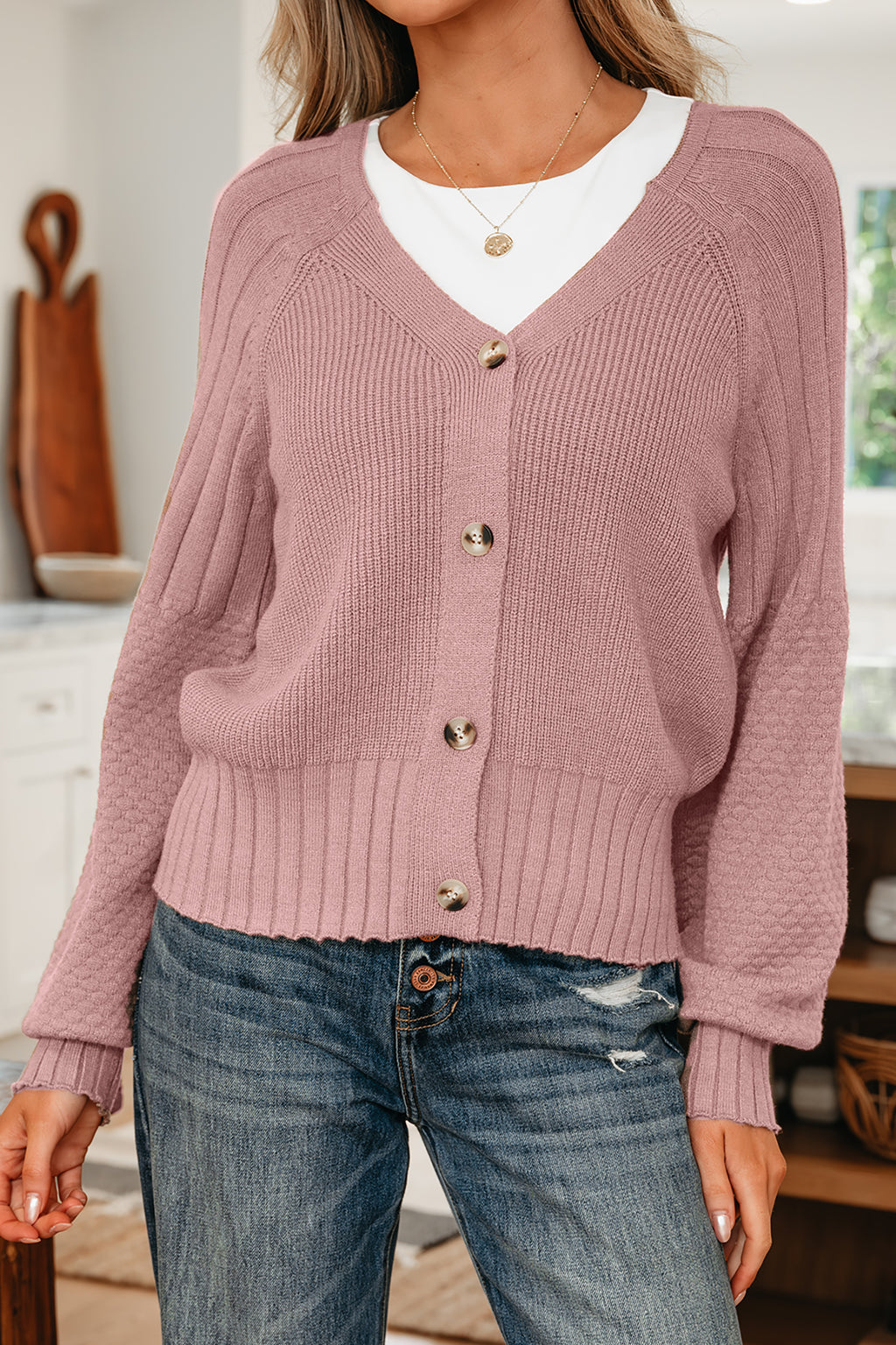 Mixed Texture Knit Button V Neck Cardigan Bazaare Mart Sweaters & Cardigans/Cardigans