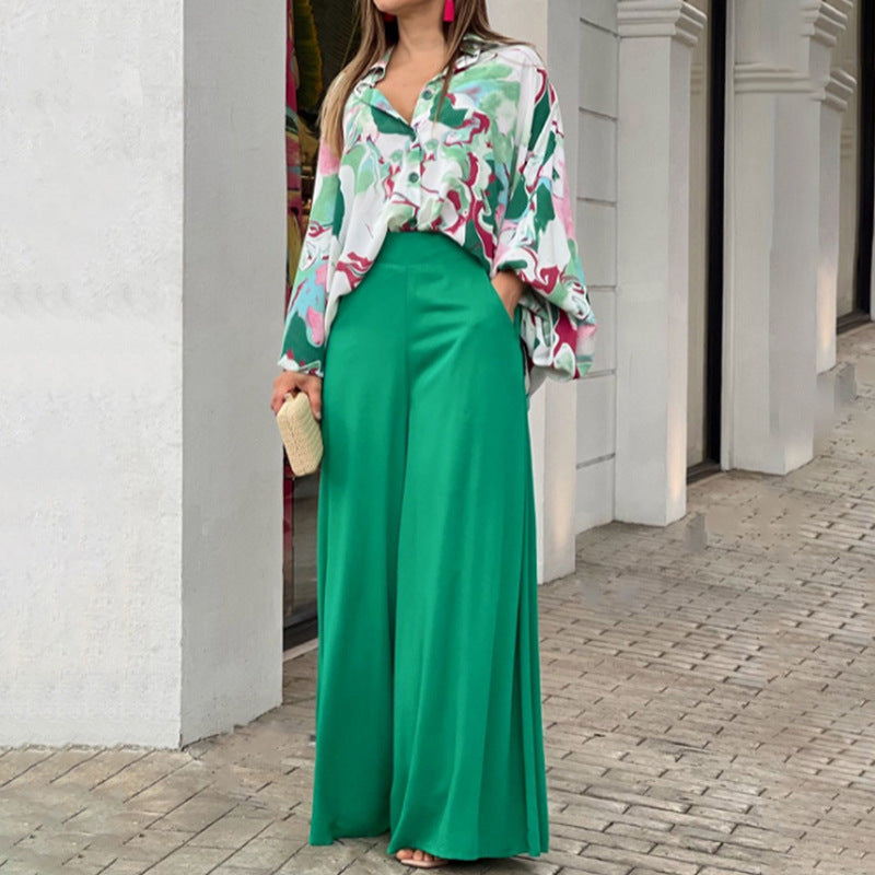 Loose & Printed Blouse and Coordinating Wide Leg Solid Color Pants Set CJ Dropshipping Loose Blouse and Pants Set
