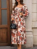 Smocked Floral Print Flounce Sleeve Dress Apricot Trendsi Floral Midi Dress