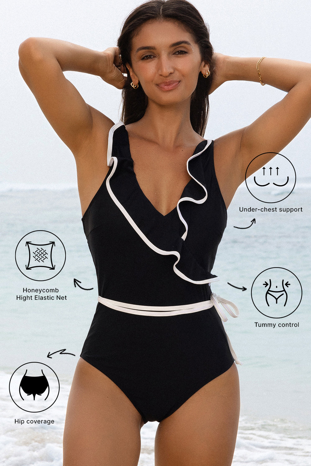 B&W Color Contrast Ruffled Wrap V Neck Swimsuit