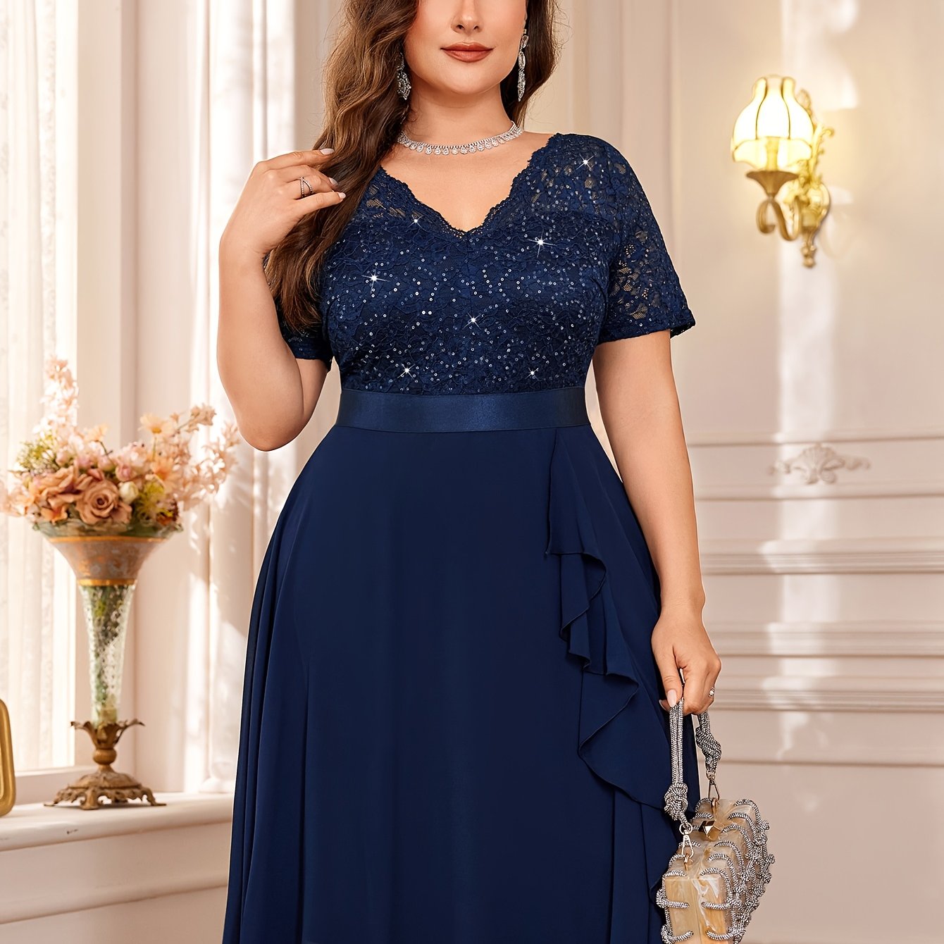 Sequin Lace V-Neck Short Sleeve Chiffon Ruffle Hem Dress