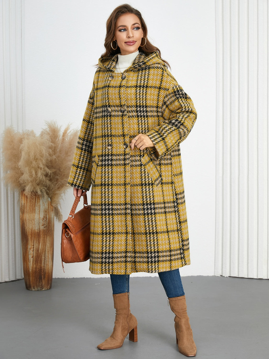 Plaid Double-Breasted Hooded Dress Coat