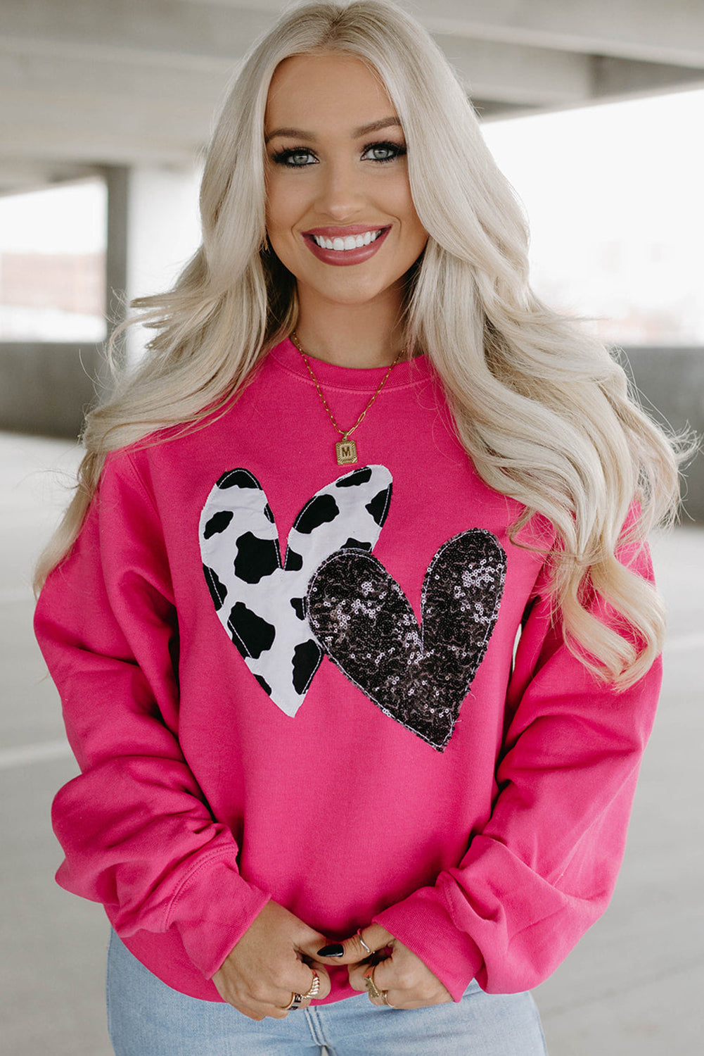 Pink Cow & Sequin Double Heart Patch Graphic Sweatshirt