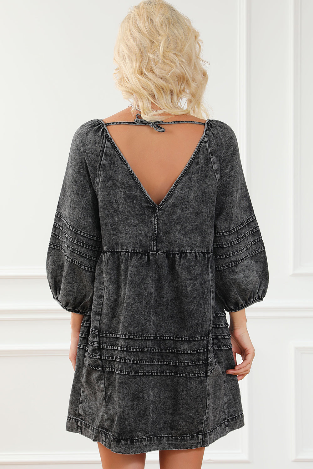 Black Pleated V Neck Puff Sleeve Denim Dress