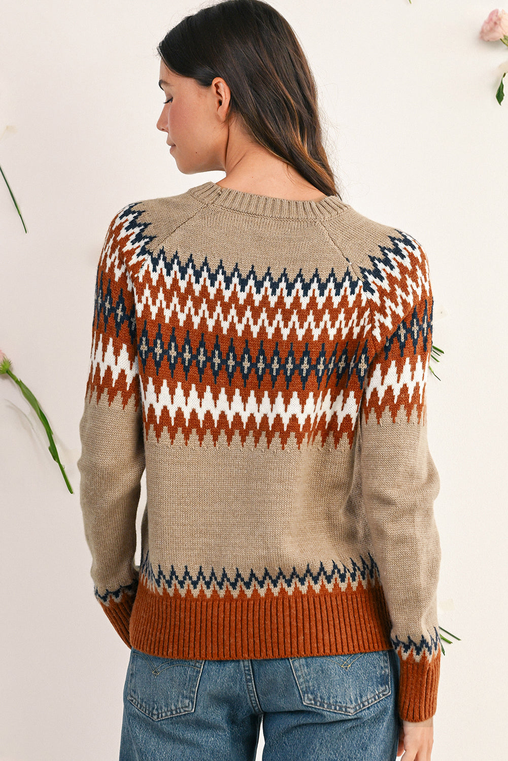 Khaki Geo Print Color Block Crew Neck Sweater