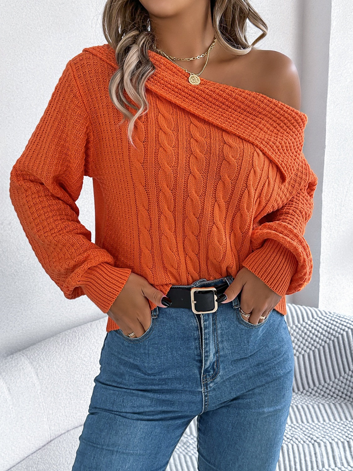 Cable-Knit Off Shoulder Long Sleeve Sweater