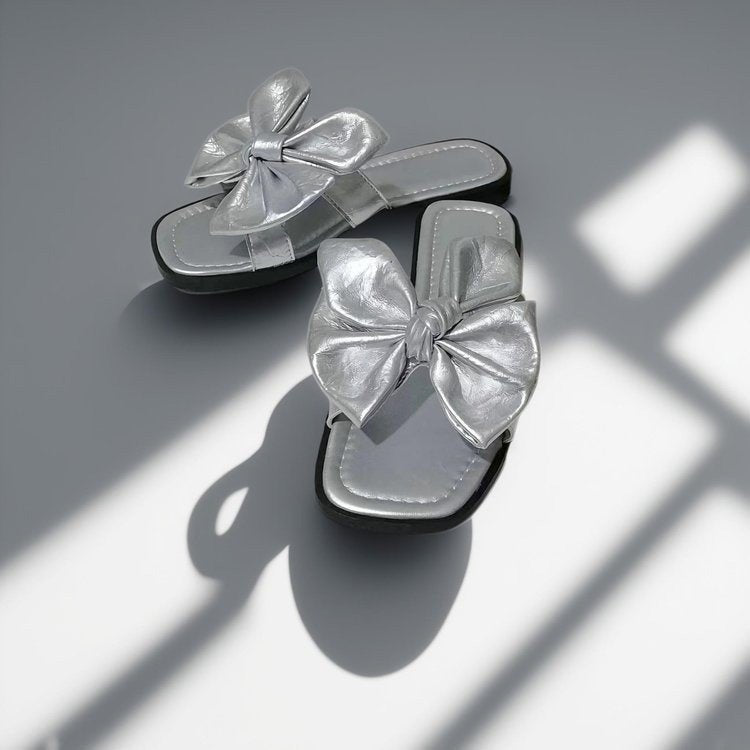 Big Bow Slip-On Slide Sandals CJ Dropshipping Silver Floral Flat Sandal
