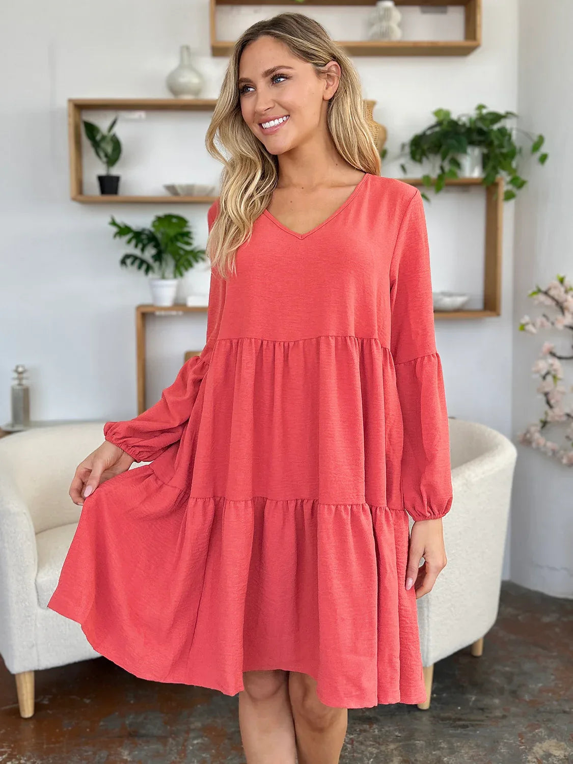 Solid V-Neck Long Balloon Sleeve Tiered Dress Bazaare Mart Long Sleeve Layered Dress