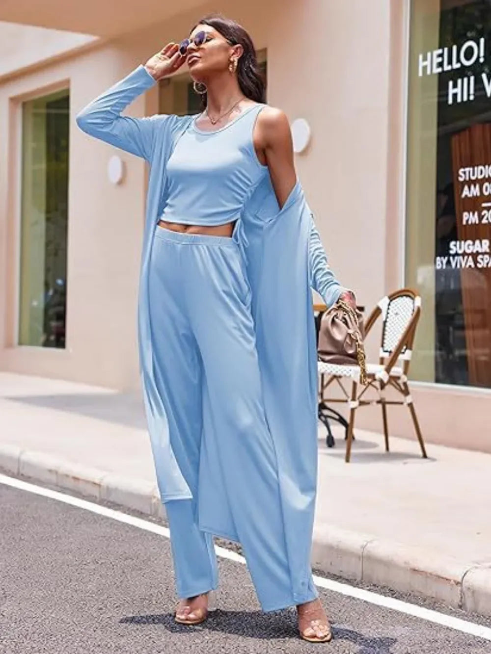 Flowy Solid Color 3pc Pants Set Light Blue Bazaare Mart 3pc Pants Set