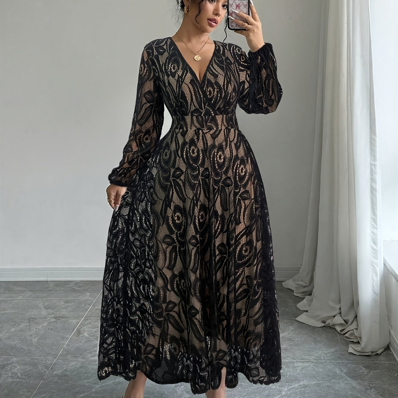 Elegant Long Sleeve V-Neck Lace Peplum Dress