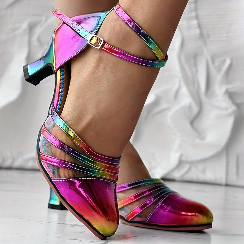 Leopard or Rainbow Gradient Cross Buckle Chunky Heel Shoes