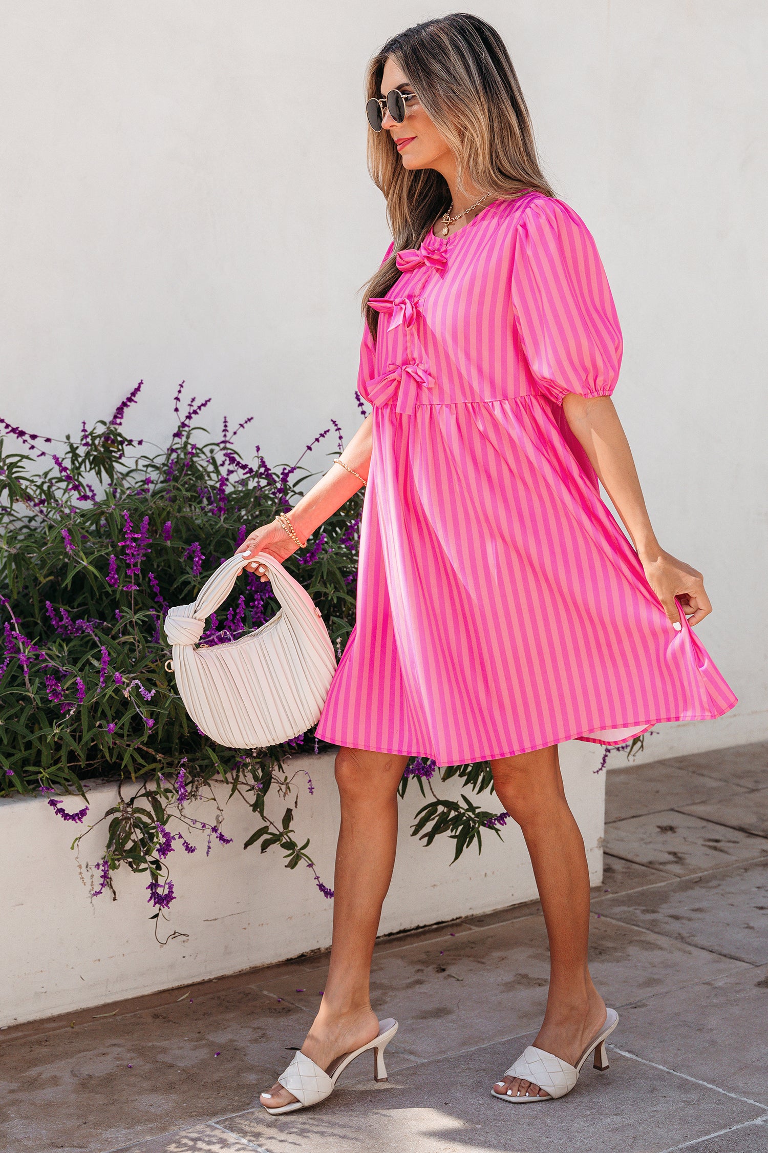 Rose Striped Print Bow Detail Short Puff Sleeve Mini Dress Dear-Lover Dropshipping Dresses/Mini Dresses