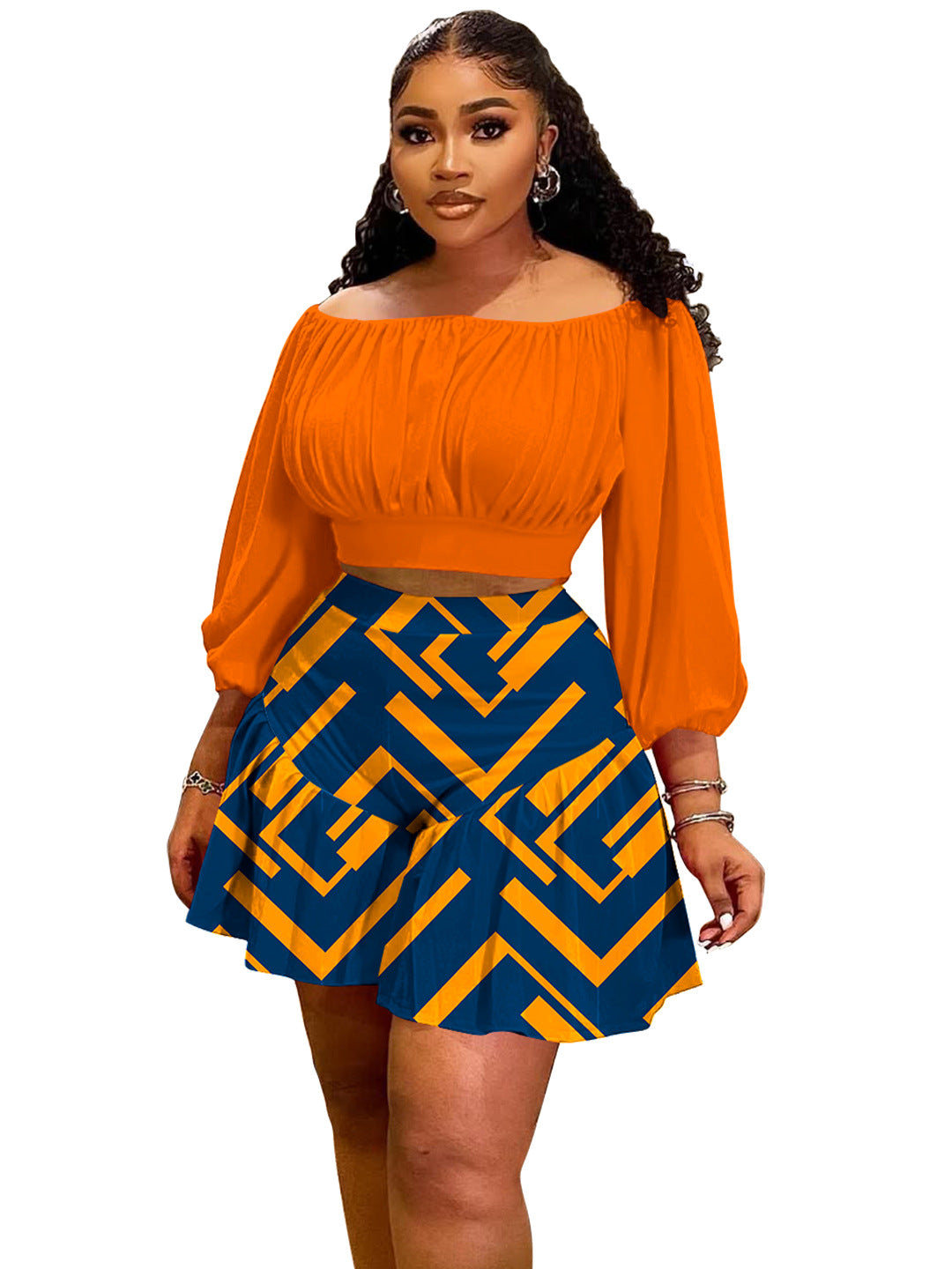 Plus Size Puff Sleeve Two-Piece Set – Off-Shoulder Crop Top & Wide Leg Shorts Outfit Orange CJ Dropshipping Plus Size Off Shoulder 2pc Shorts Set