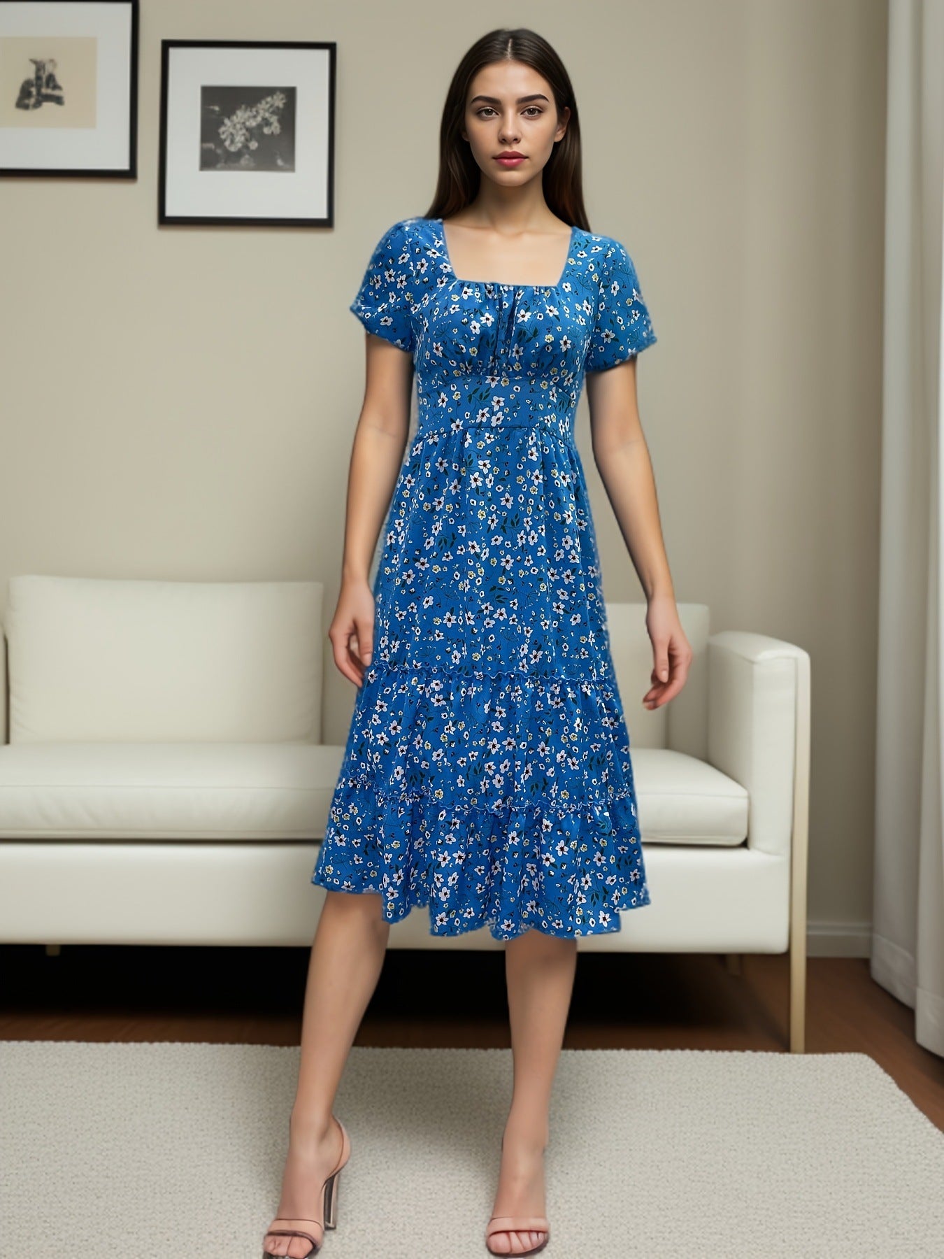 Short Puff Sleeve Floral Tiered Dress Small Pattern Blue CJ Dropshipping Ditsy Tiered Peasant Dress