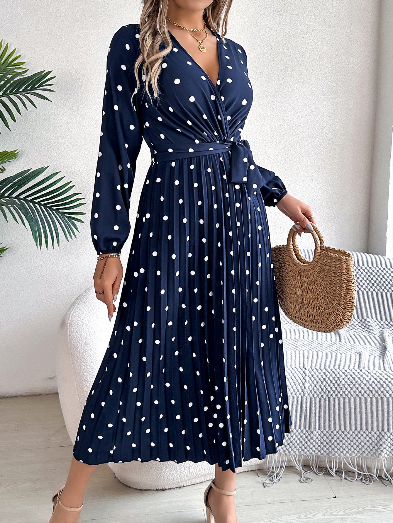 Elegant Polka Dot Pleated Maxi Dress – Cross V-Neck Long Sleeve Shirt Dress Navy Blue CJ Dropshipping Long Sleeve Polka Dot Midi Dress