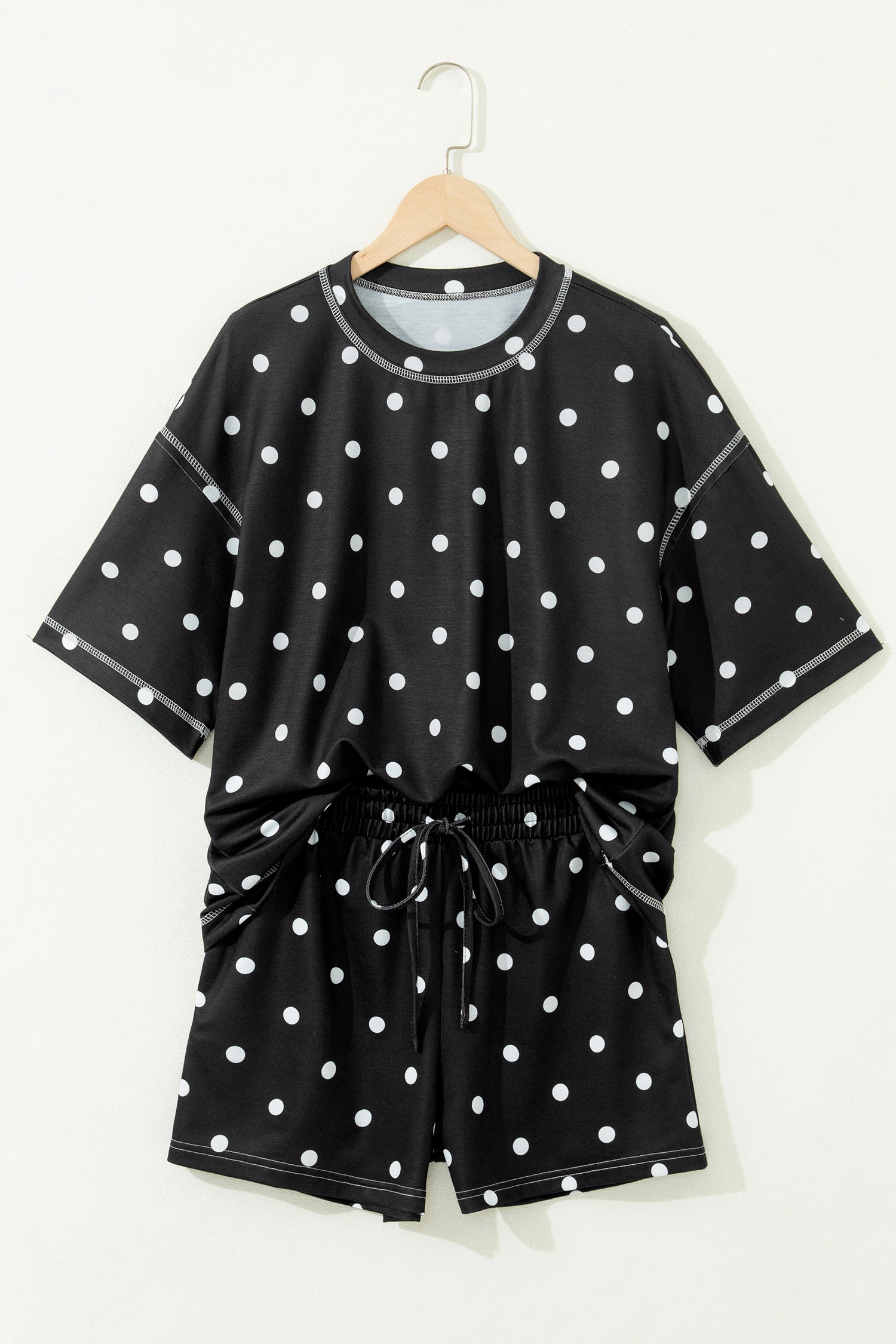 Women’s Polka Dot Shorts Set – Exposed Seam Tee & Drawstring Shorts Outfit Dear-Lover Dropshipping Two Piece Sets/Short Sets