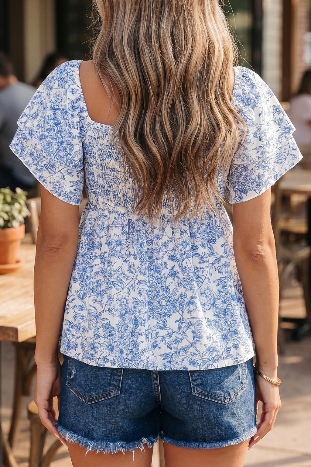 Sky Blue Floral Square Neck Peasant Blouse