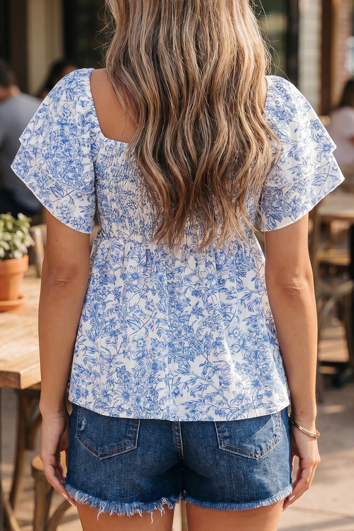 Sky Blue Floral Square Neck Peasant Blouse
