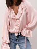 Ruffle Trim Satin Flounce Sleeve Blouse Blush Pink Trendsi Ruffle Trim Satin Flounce Sleeve Blouse