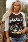 Brown Western Yeehaw Graphic Vintage Raglan 3/4 Sleeve Top Brown 62%Polyester+32%Cotton+6%Elastane Bazaare Mart Graphic/Graphic Long Sleeve Tees