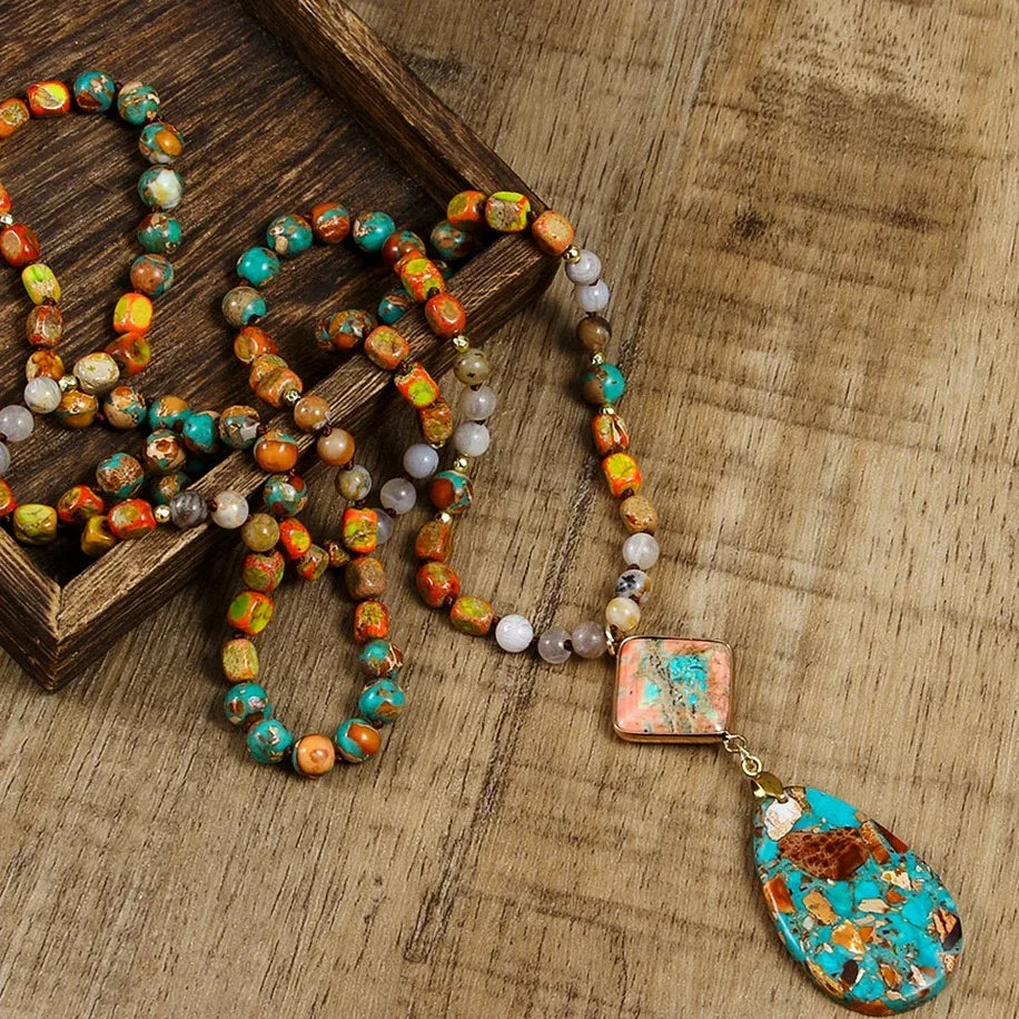 Long Boho Stone Drop Pendant Necklace