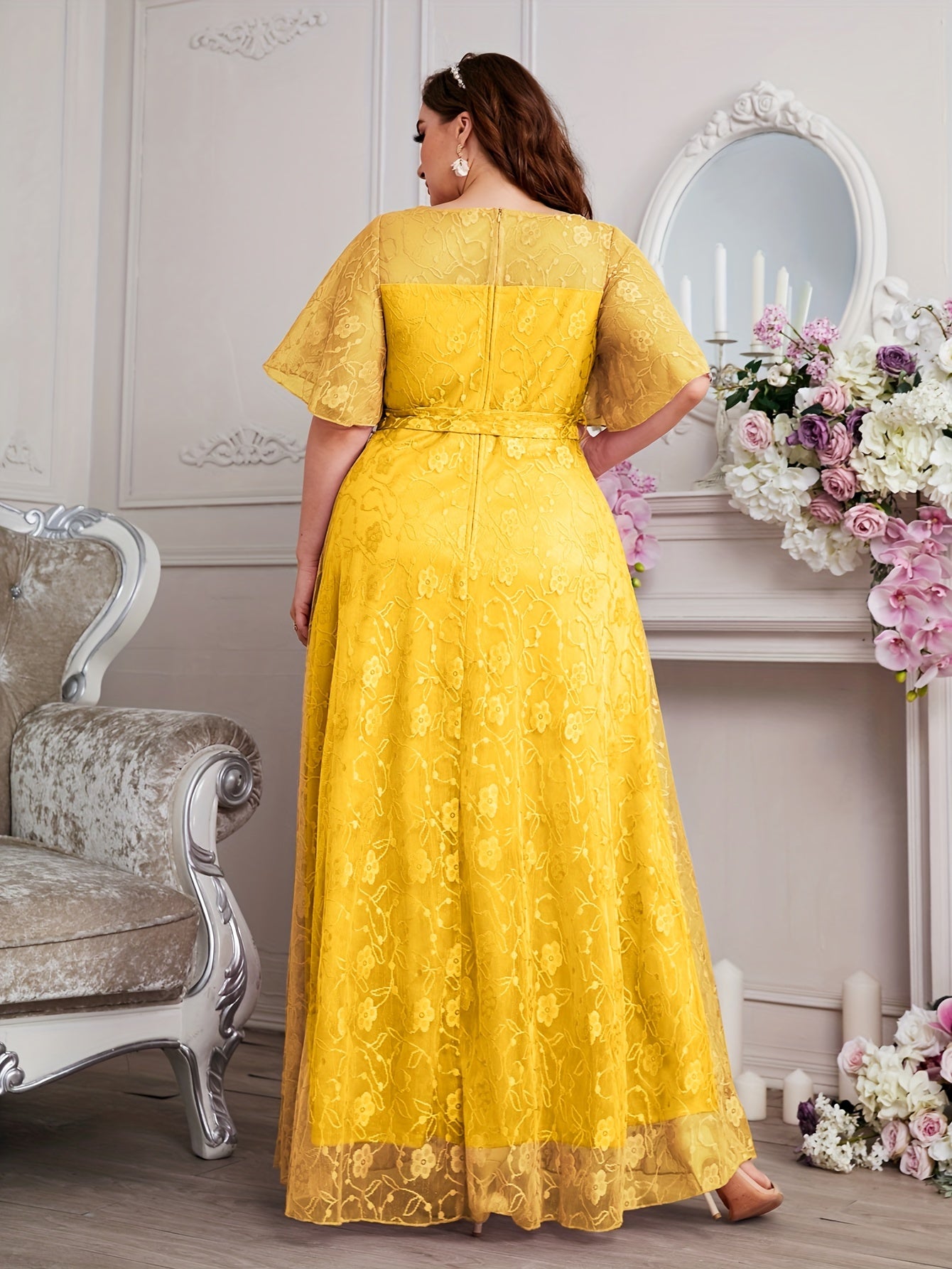 Elegant High Waist Lace Round Neck Half Flutter Sleeve Solid Color Formal Floor Length Dress