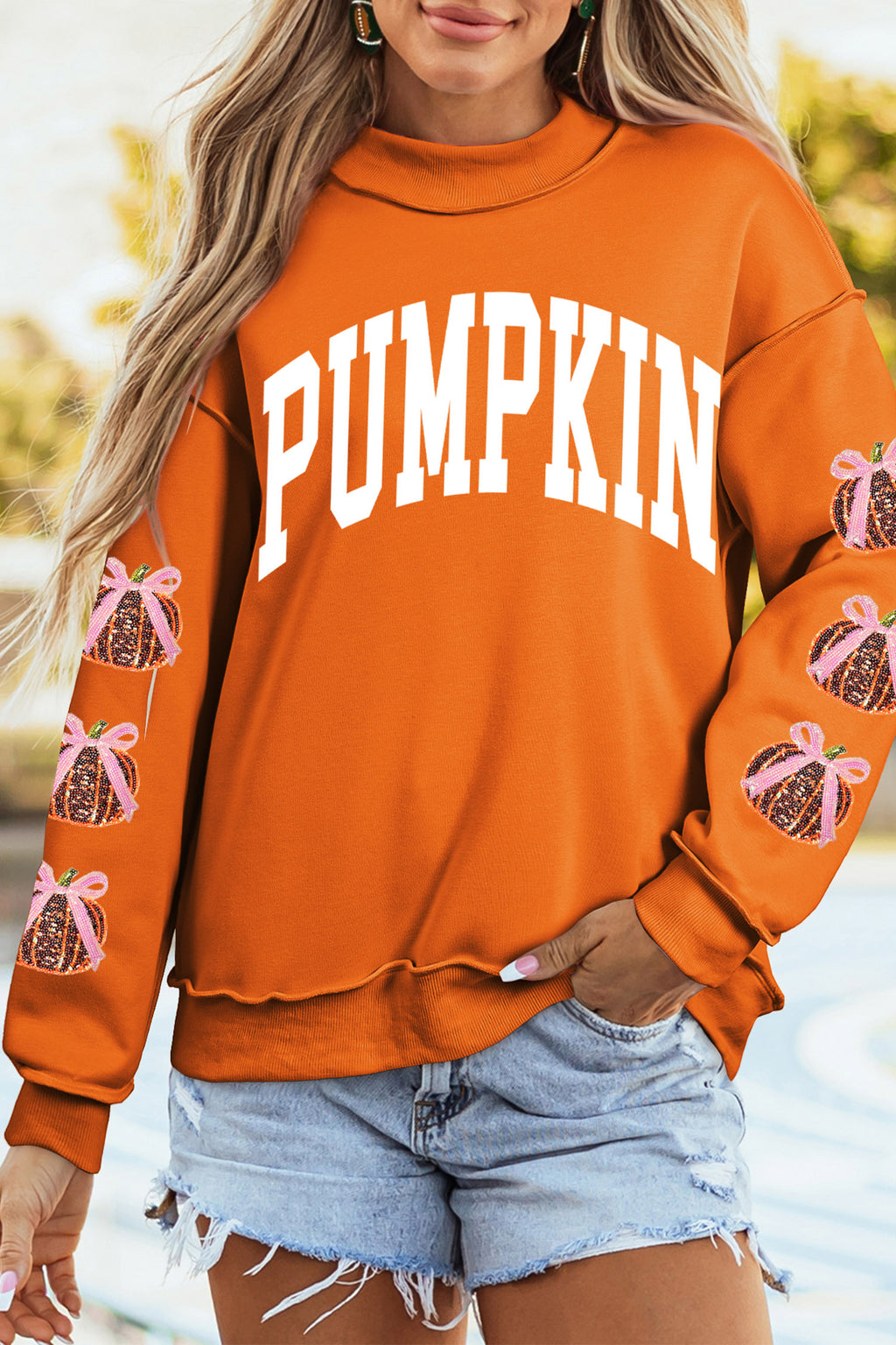 Orange Pumpkin Bow Glitter Sleeve Sweatshirt