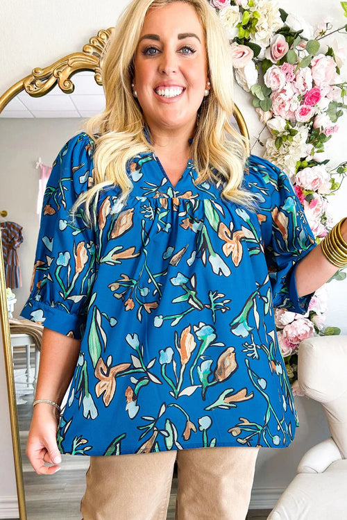 Blue Floral Notched V Neck Half Sleeve Blouse Bazaare Mart Plus Size/Plus Size Tops/Plus Size Blouses & Shirts