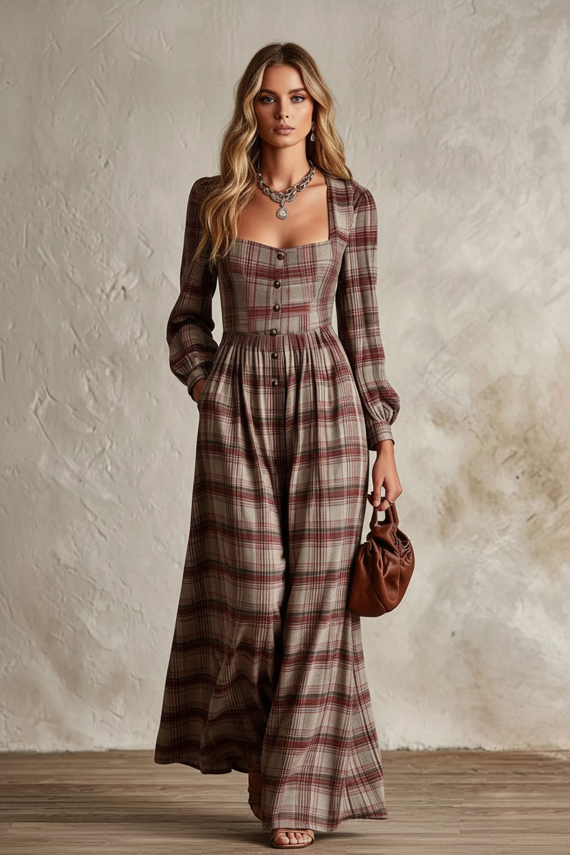 Plaid Square Neck Long Sleeve Wide Leg Jumpsuit