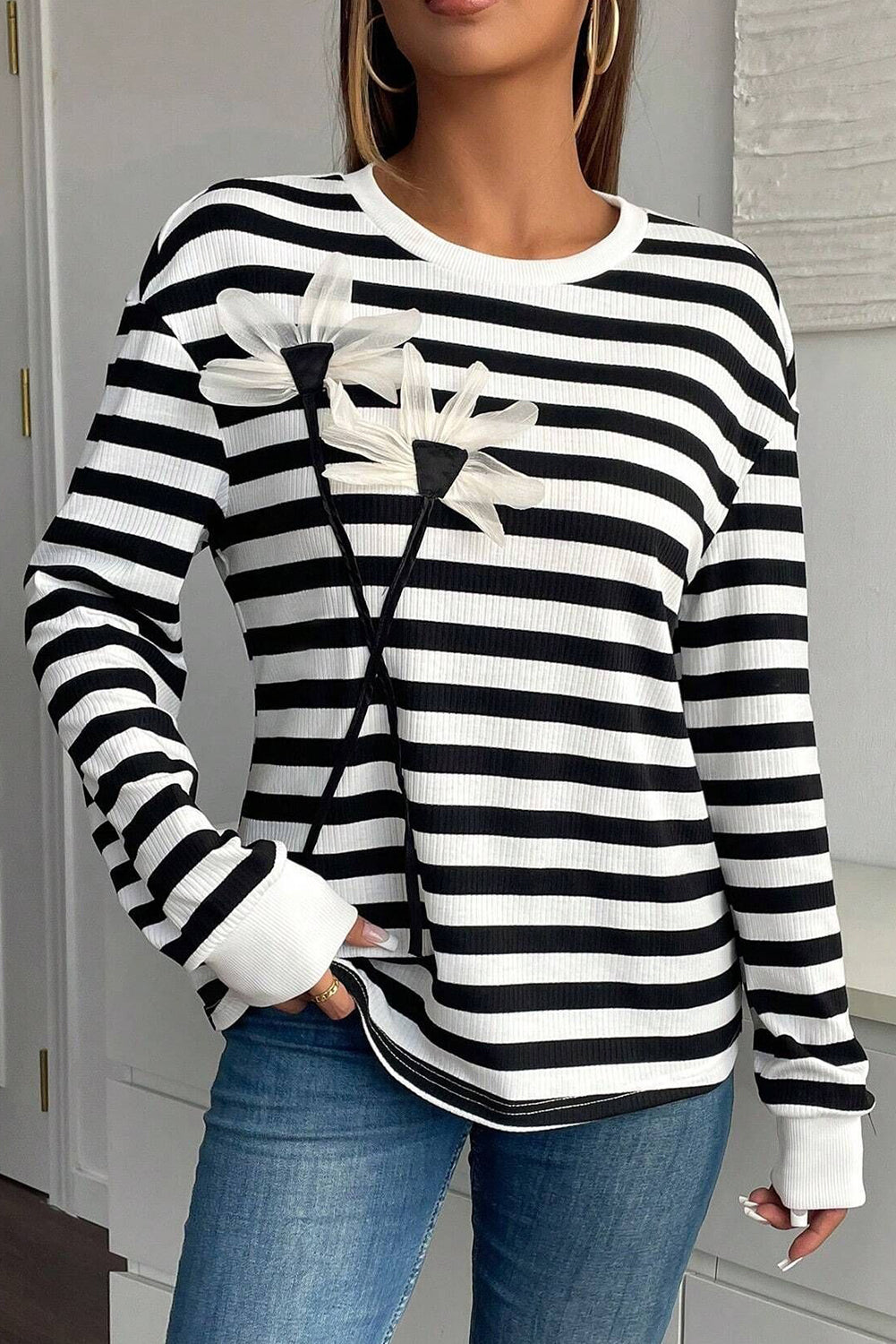 B&W Striped Floral Applique Long Sleeve Top