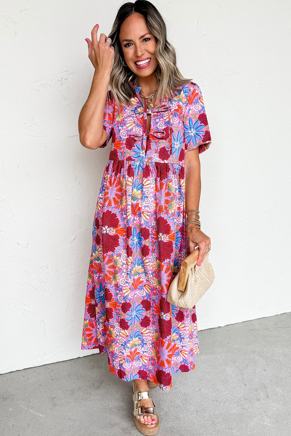 Rose Floral Tie Front Empire Waist Midi Dress Shewin Midi Dresses