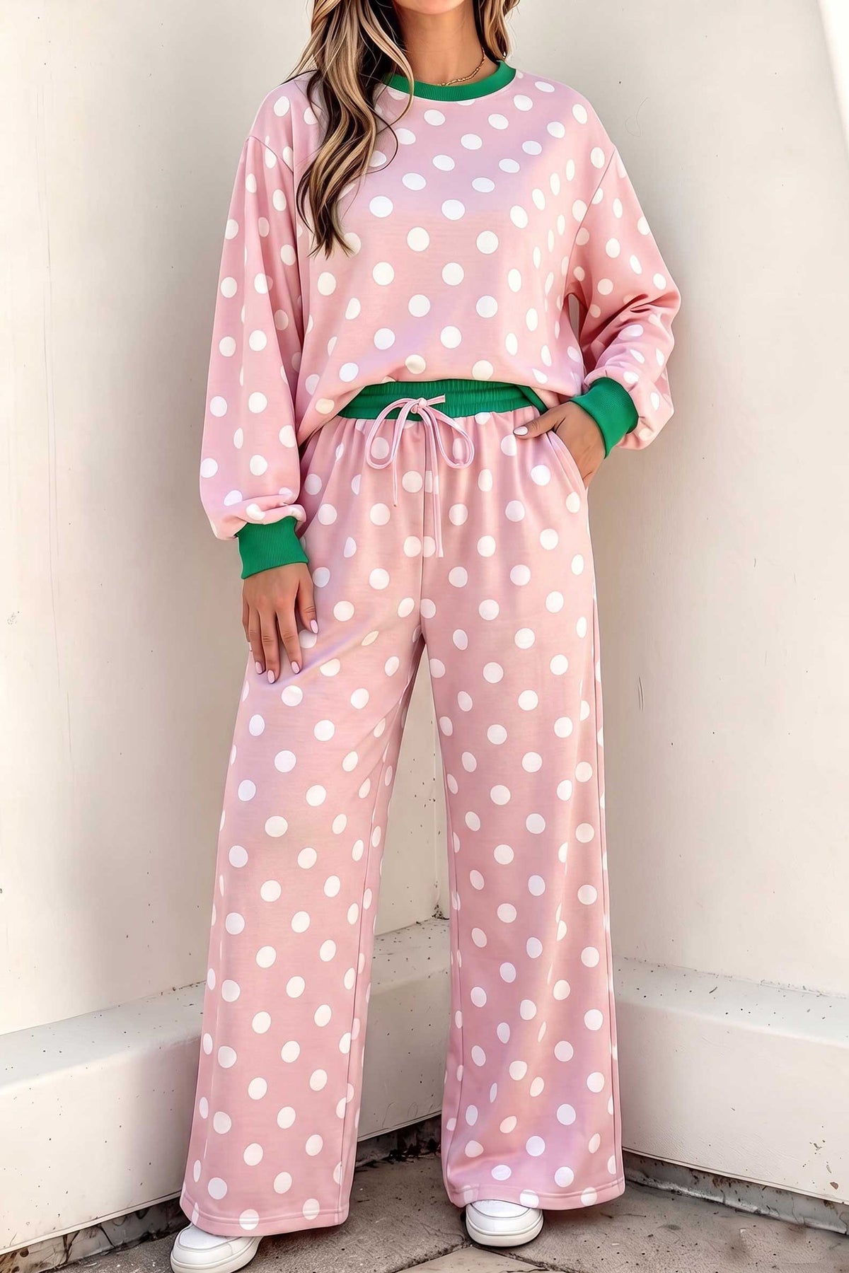 Polka Dot Contrast Trim Top & Drawstring Pants Set