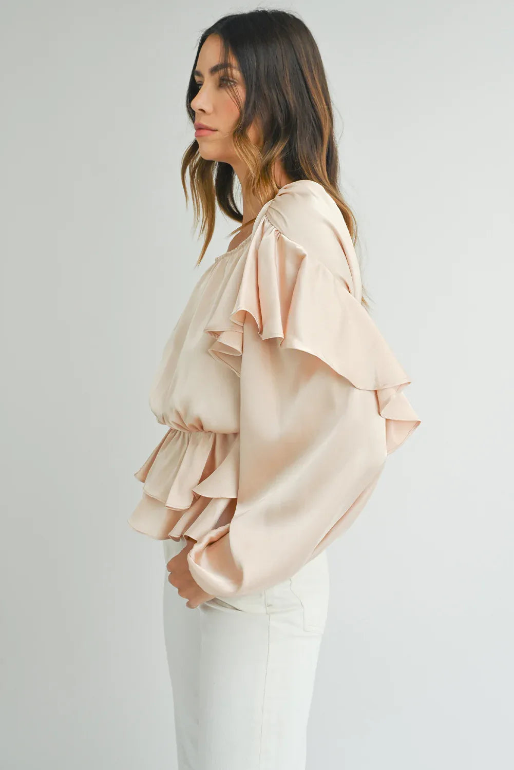 Oatmeal Ruffled Peplum Blouse Bazaare Mart Tops/Blouses & Shirts