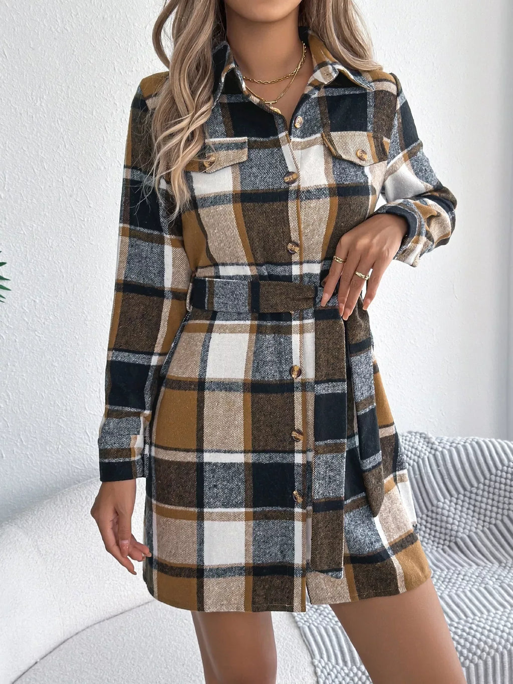 Plaid Button Front Tie Waist Mini Shirt Dress Bazaare Mart Plaid Long Sleeve Shirt Dress