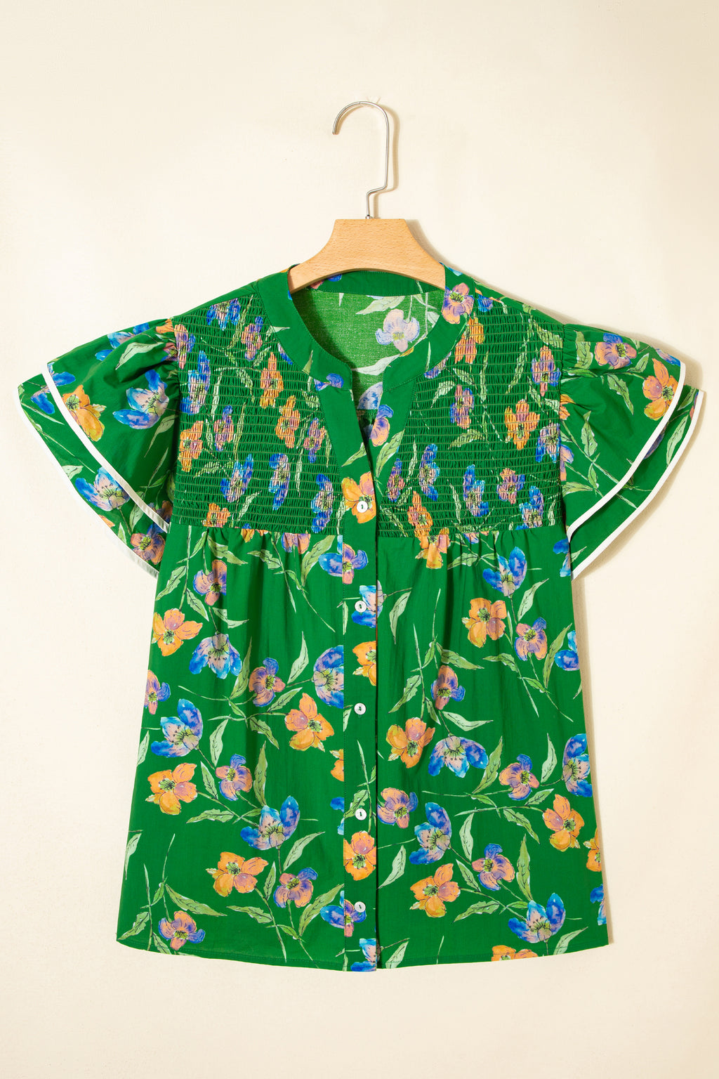 Green Floral Plus Size Button-Down Blouse
