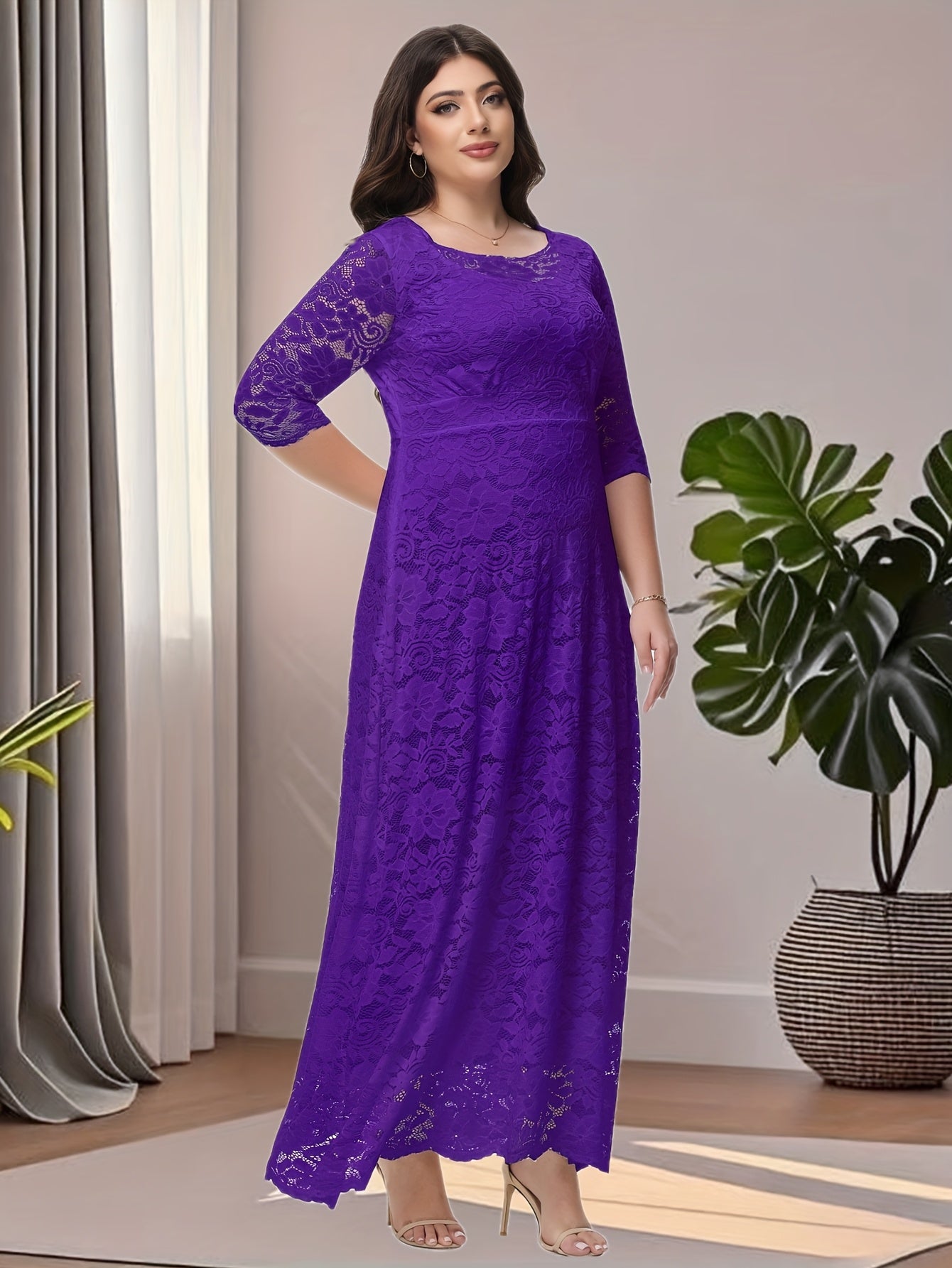Plus Size O Neck Three Quarter Sleeve Lace Maxi Dress
