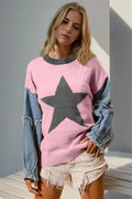 Star Pattern Raw Edge Sweater Blush Pink Bazaare Mart Pullover Sweater