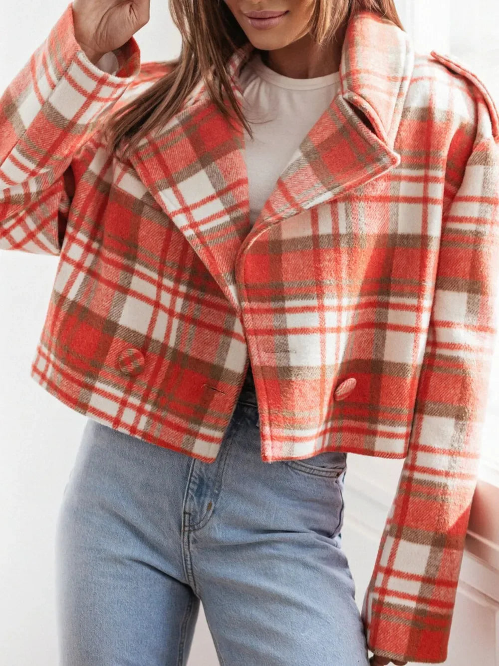 Lapel Collar Plaid Cropped Jacket Bazaare Mart Lapel Collar Plaid Cropped Jacket