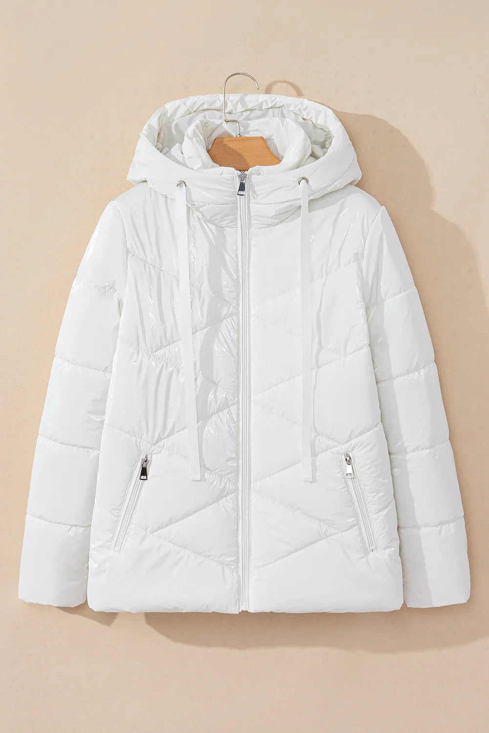 White Solid Quilted Hooded Zip Up Puffer Coat Bazaare Mart Outerwear/Jackets