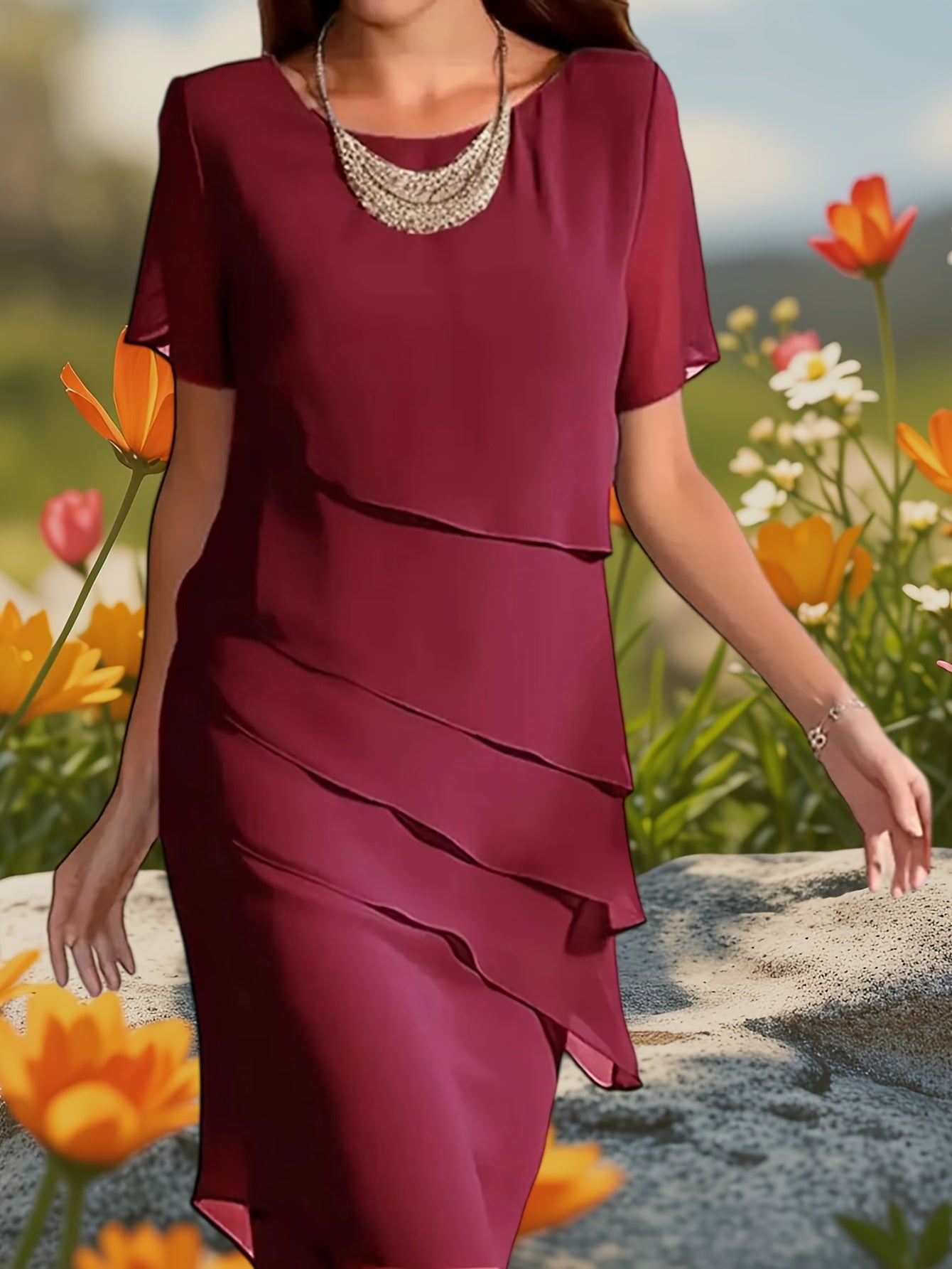 Short Sleeve Layered Slim Fit Chiffon Dress