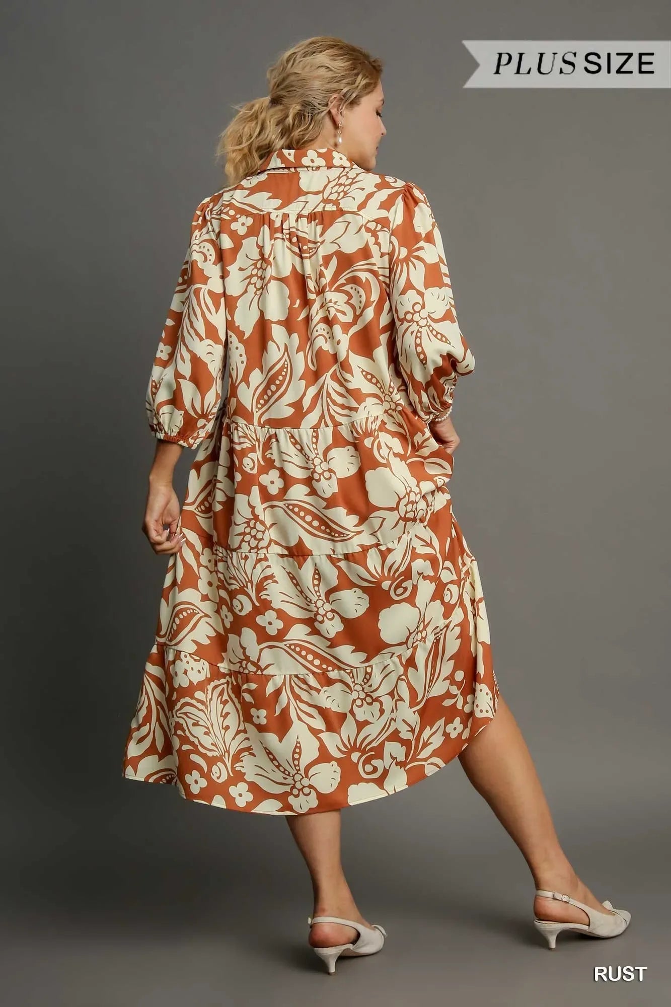 Umgee Rust Floral Tiered Midi Shirt Dress Trendsi Long Sleeve Floral Dress
