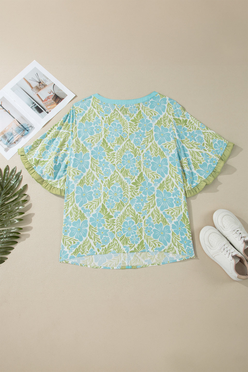 Plus Size Floral Blouse – Sky Blue Frilled Sleeve Color Block Trim Top Dear-Lover Dropshipping Plus Size/Plus Size Tops/Plus Size Blouses & Shirts